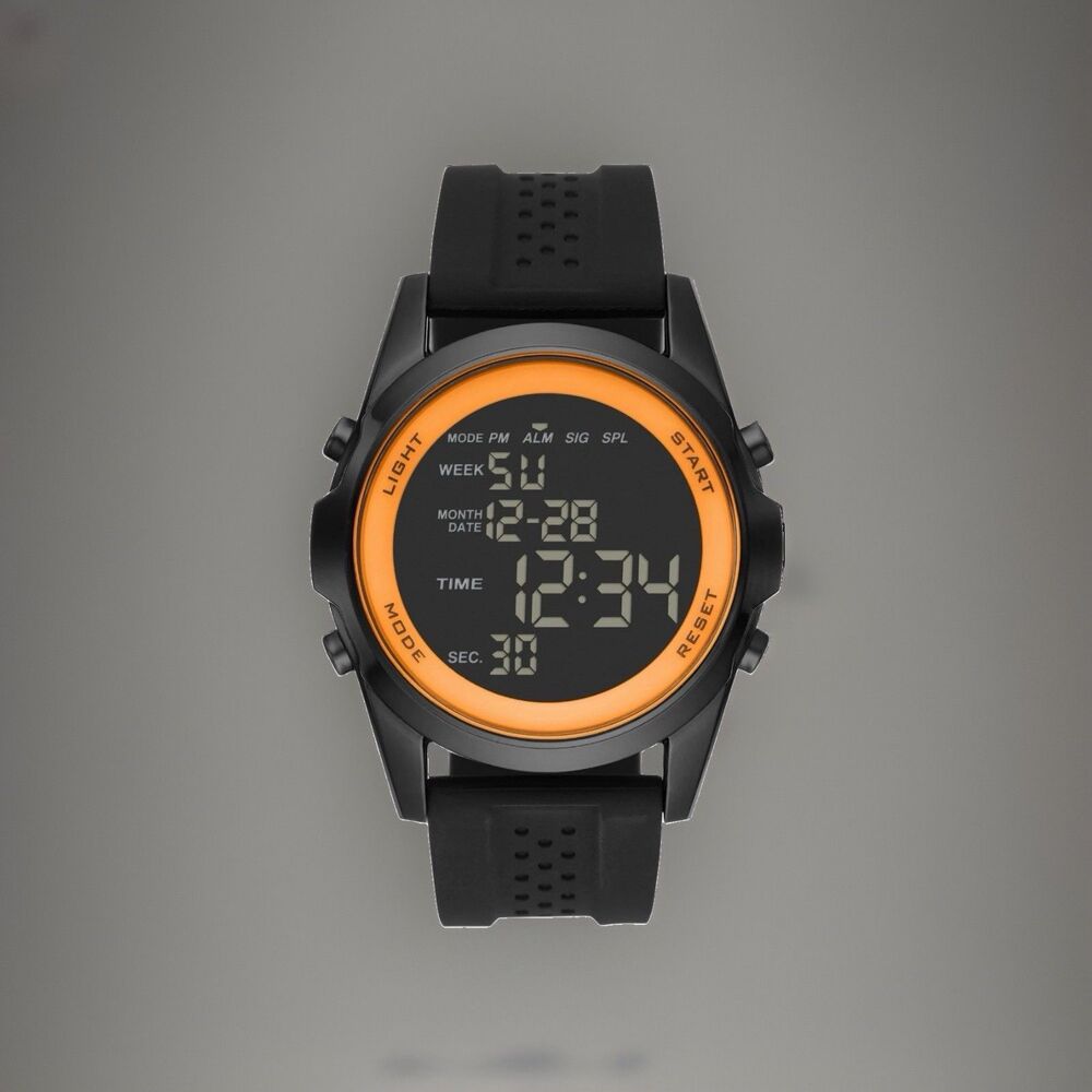 George Men's Digital Sport Watch Gunmetal Case Orange Bezel Black Silicone Band